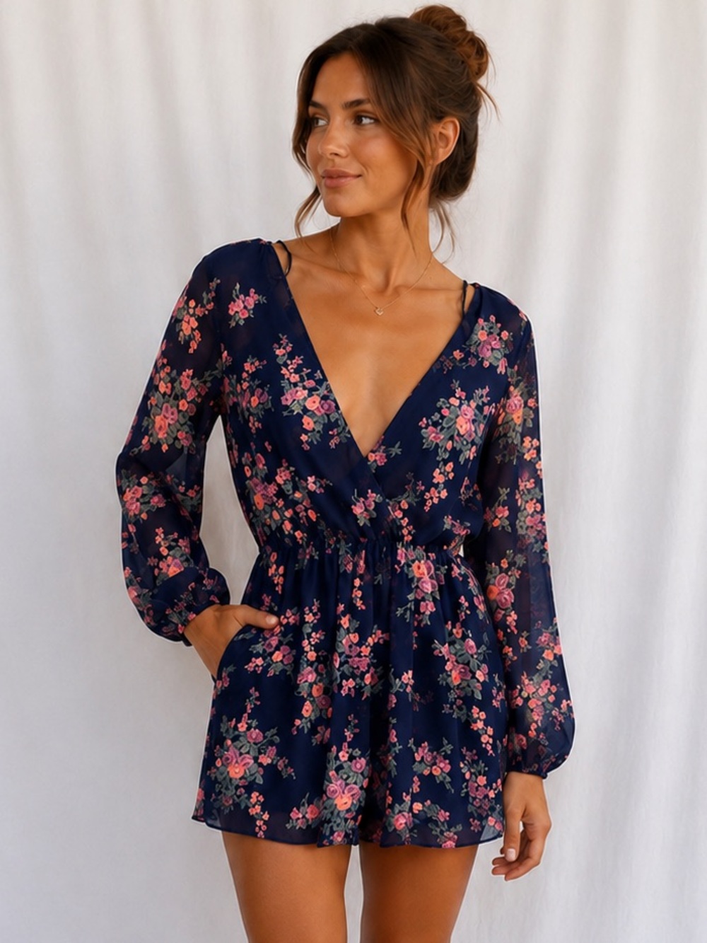 a'gaci Navy Floral V-Neck Romper